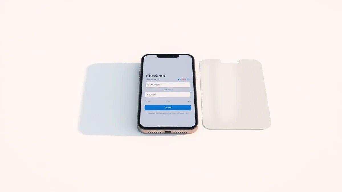 Illustration: A modern smartphone rests on a clean white surface next to a flat, folded screen protector.
