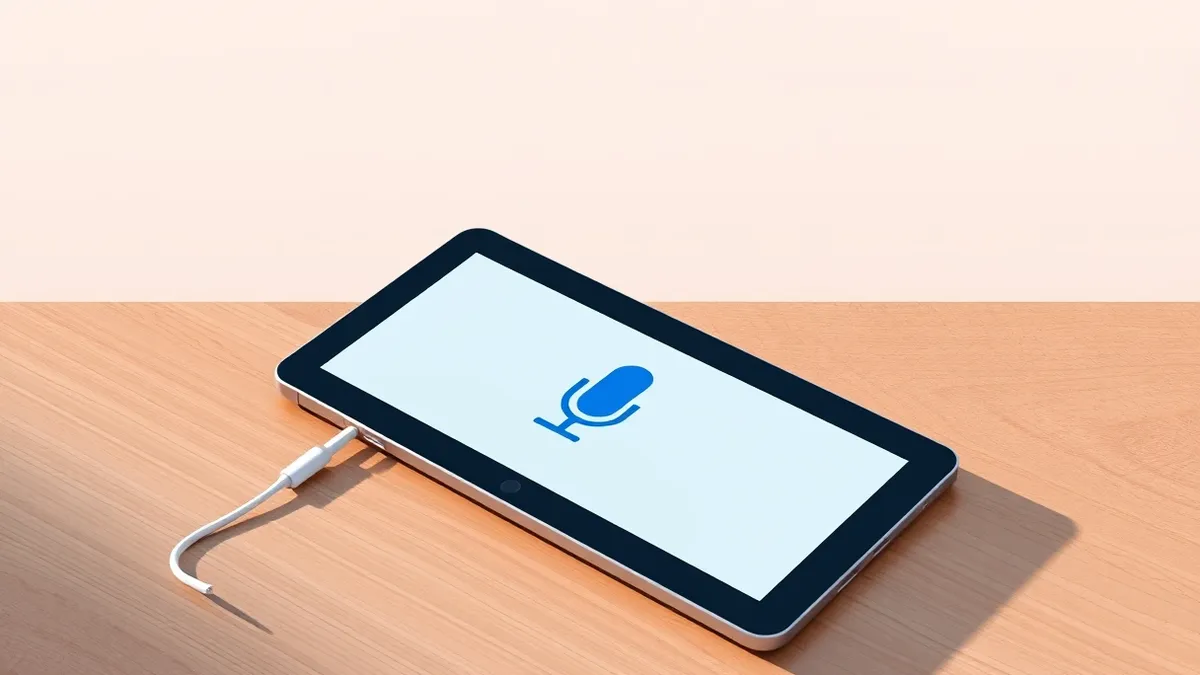 Illustration: A sleek black tablet rests on a wooden table, displaying a blank screen with a prominent blue microphone icon in the center.