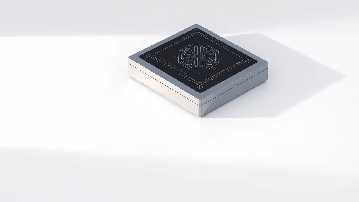 Illustration: A sleek, rectangular silicon chip rests on a clean white surface, its metallic casing reflecting soft studio light.
