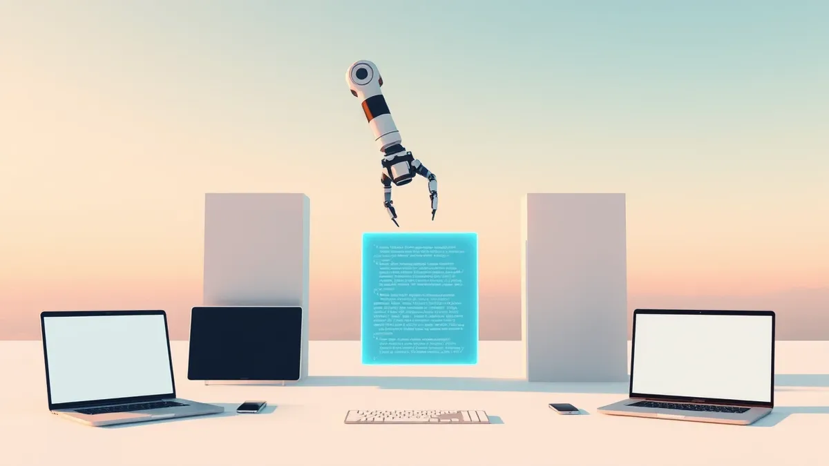 Illustration: A sleek robotic arm pauses mid-air above a glowing, translucent blue cube representing code.