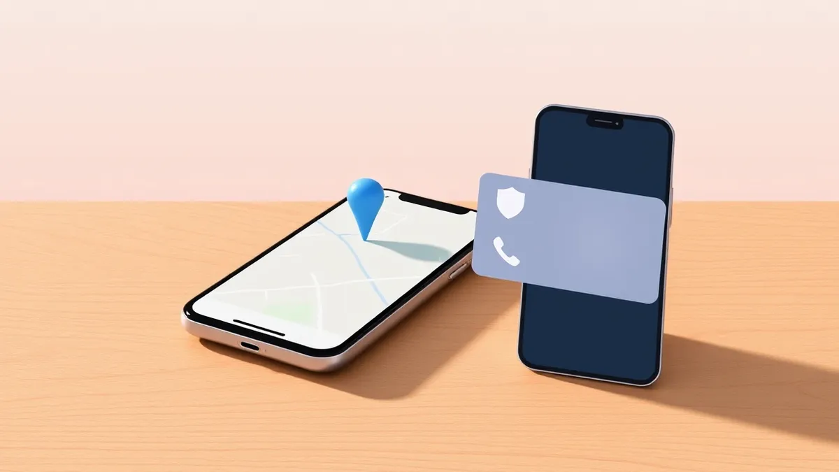 Illustration: A smartphone rests on a wooden table, its screen displaying a map with a single blue pin marking a location.