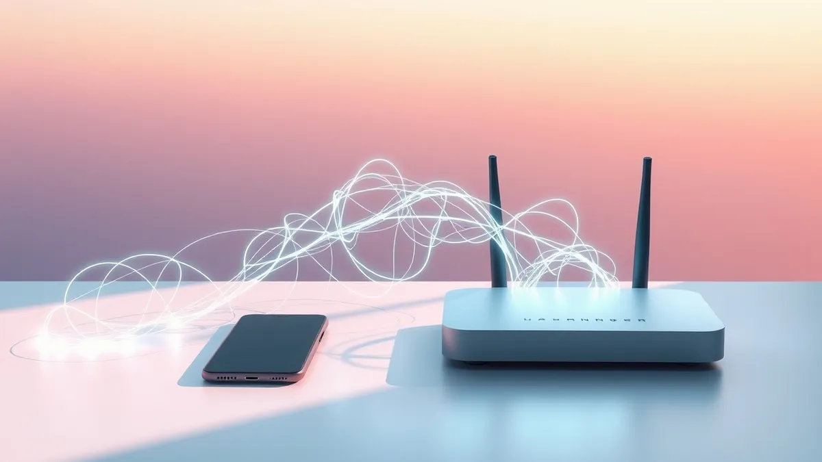 Illustration: A smartphone and a wireless router sit on a clean desk, connected by thick, tangled ribbons of light that twist into complex, abstract geometric patterns.
