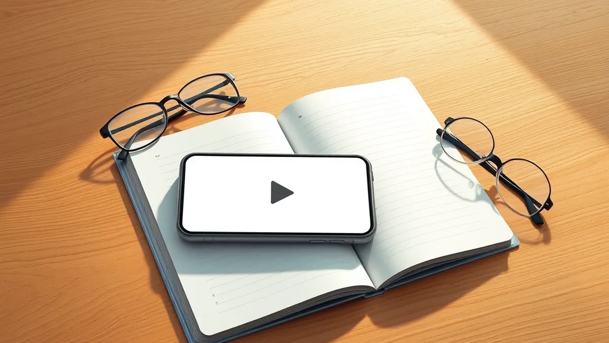 Illustration: A blank smartphone rests on a wooden study desk next to an open notebook and a pair of eyeglasses.