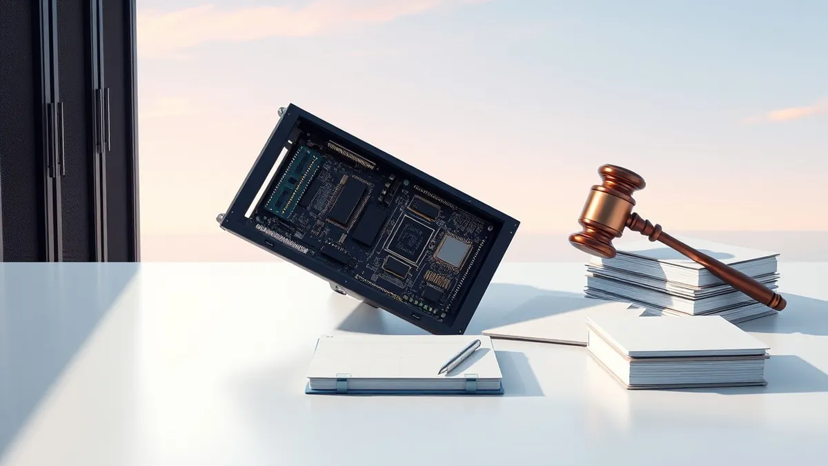 Illustration: A sleek black server blade sits open on a clean white table, its circuit board exposed to reveal intricate gold traces.