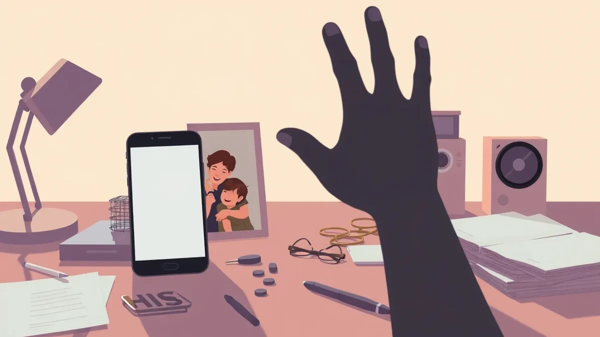 Illustration: A chaotic desk holds a smartphone displaying a blank screen next to a family photograph.