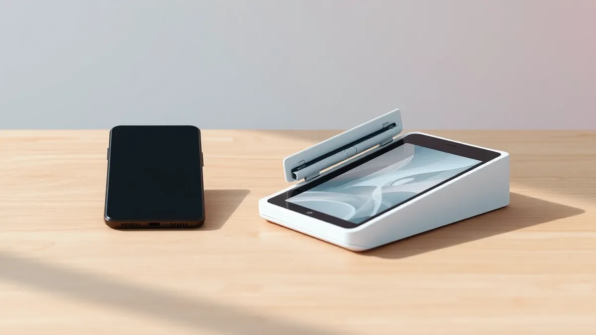 Illustration: A folded black smartphone rests on a smooth wooden table beside a sleek white folding device.