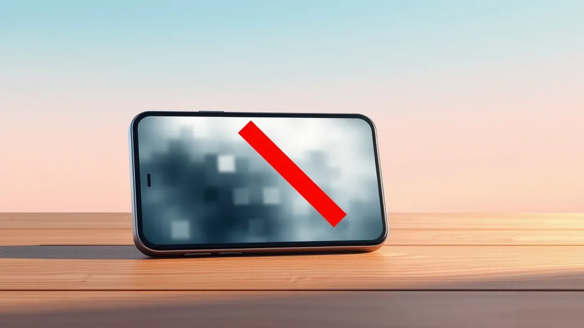 Illustration: A smartphone sits on a wooden desk with its screen displaying a blurred, pixelated area where an image would be.