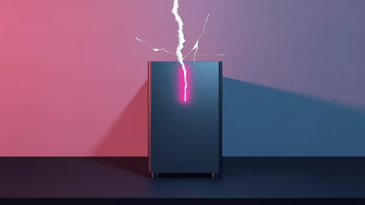 Illustration: A sleek metal server sits on a dark desk, its front panel displaying a single red warning light.