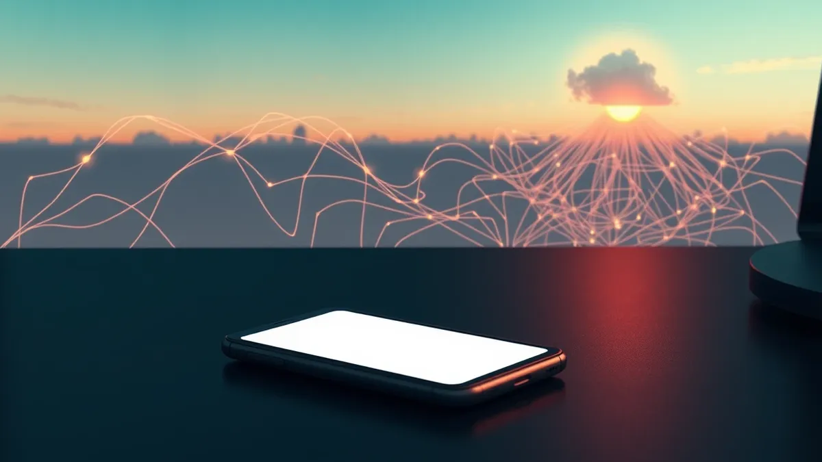 Illustration: A single smartphone rests on a dark desk, its screen displaying a blank white interface with a generic phone icon.