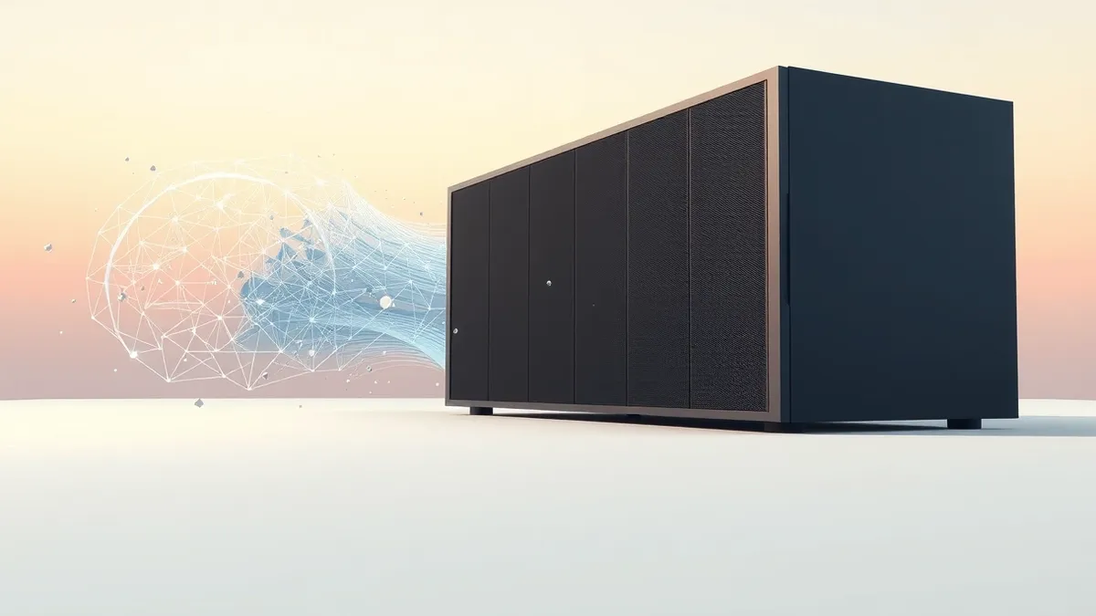 Illustration: A sleek, matte-black server unit sits isolated on a white surface.