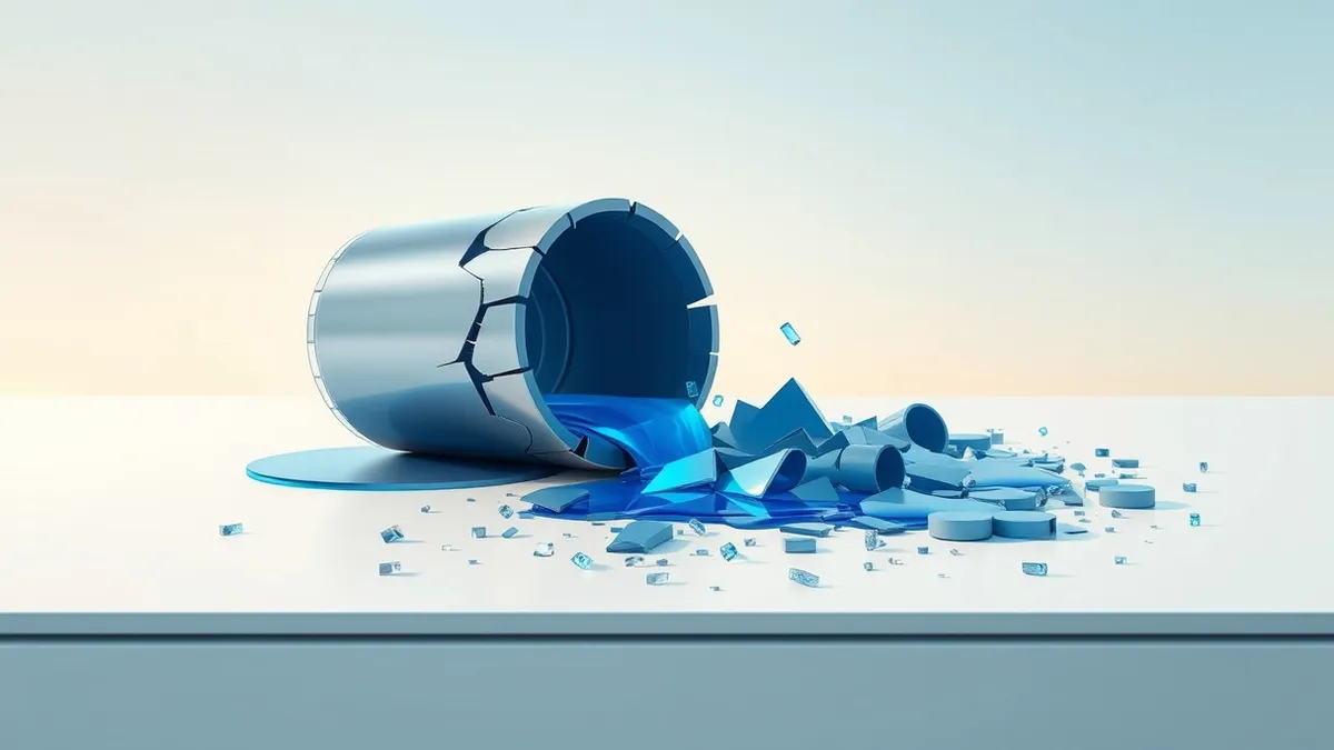Illustration: A cracked database cylinder leaks glowing blue liquid onto a sleek white server console.