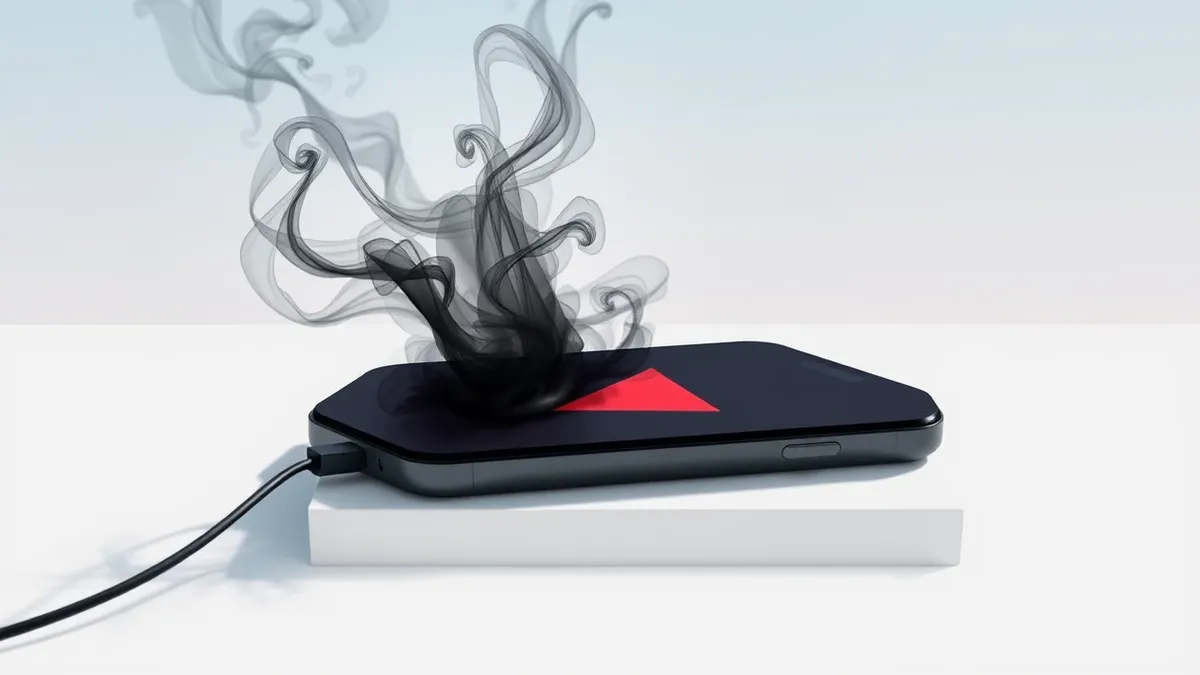 Illustration: A sleek black smartphone rests on a clean white surface with its screen displaying a large red warning triangle and abstract jagged lines.