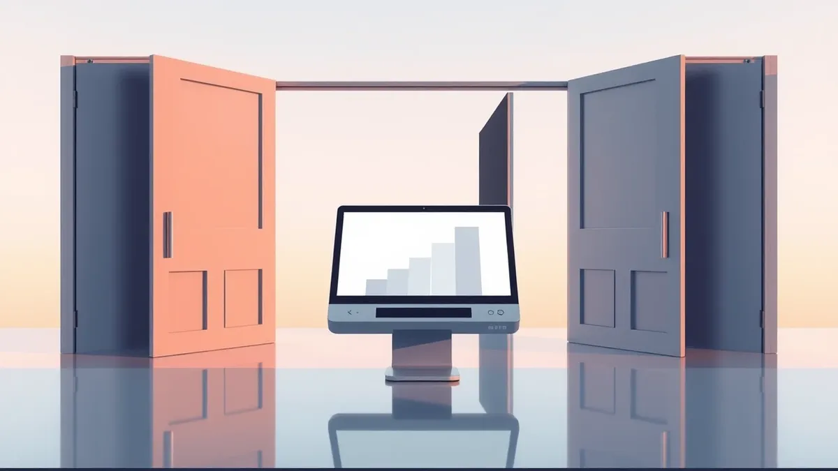 Illustration: A sleek, modern trading terminal sits on a polished desk with its screen displaying abstract geometric bars.