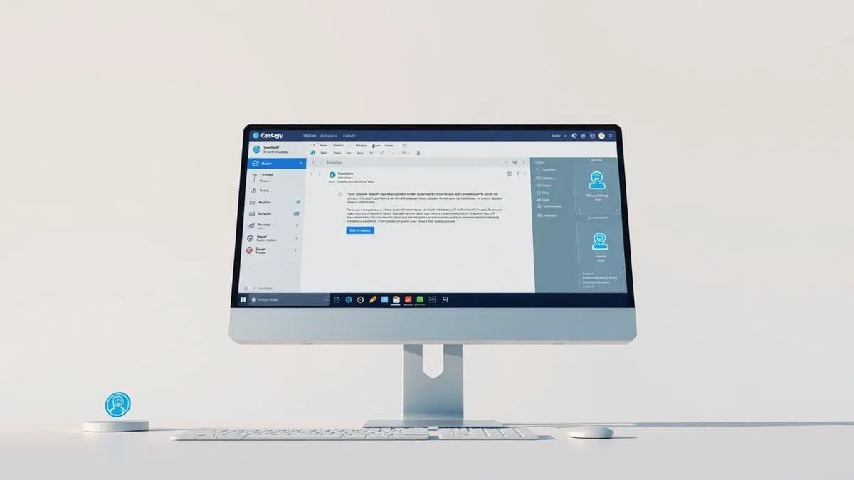 Illustration: A sleek desktop computer monitor displays a clean email client interface with bright blue artificial intelligence icons clearly visible in the toolbars and side panel