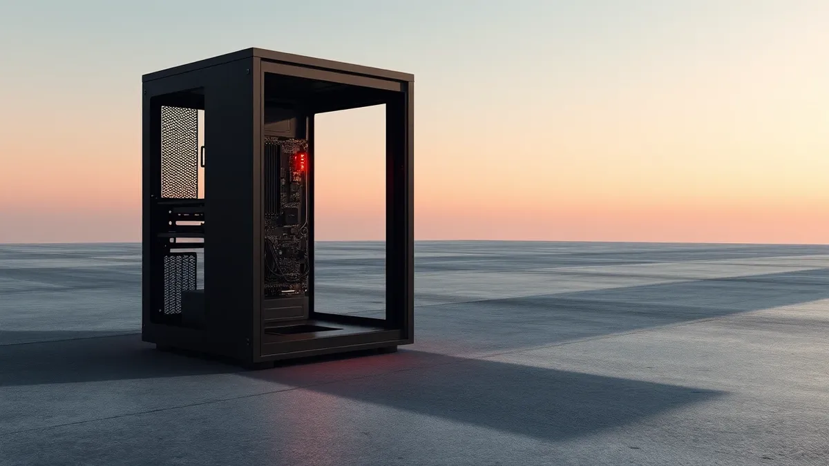 Illustration: A sleek black server tower sits isolated on a concrete floor, its front panel missing entirely to expose bare circuit boards and empty mounting rails.