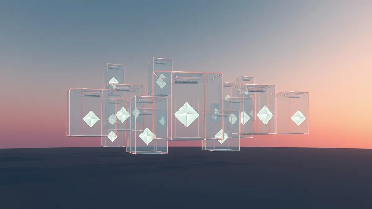 Illustration: A cluster of transparent glass cubes floats in a dark void, each containing a distinct glowing geometric shape.