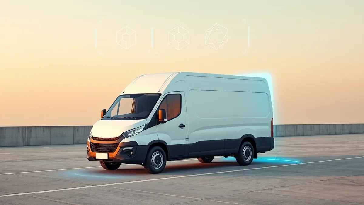 Illustration: A sleek white delivery van sits on a smooth concrete road beside a glowing blue holographic interface.