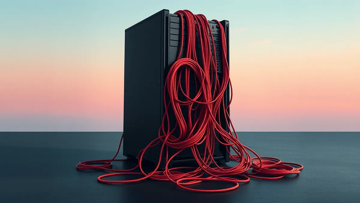 Illustration: A sleek black server chassis sits isolated on a dark floor.