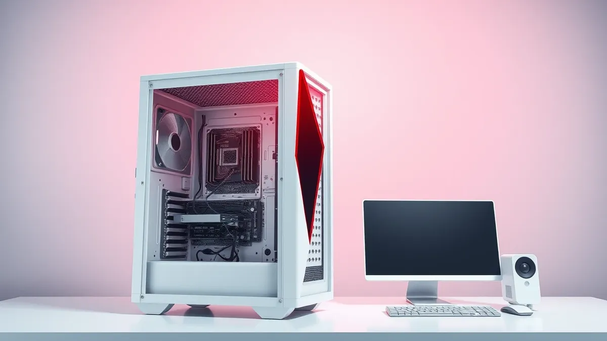 Illustration: A sleek white tower computer sits on a clean desk with its side panel removed to reveal empty circuitry.