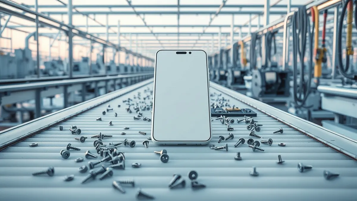 Illustration: A pristine white smartphone shell sits alone on a sterile factory conveyor belt, surrounded by scattered metallic screws and unused circuit boards.