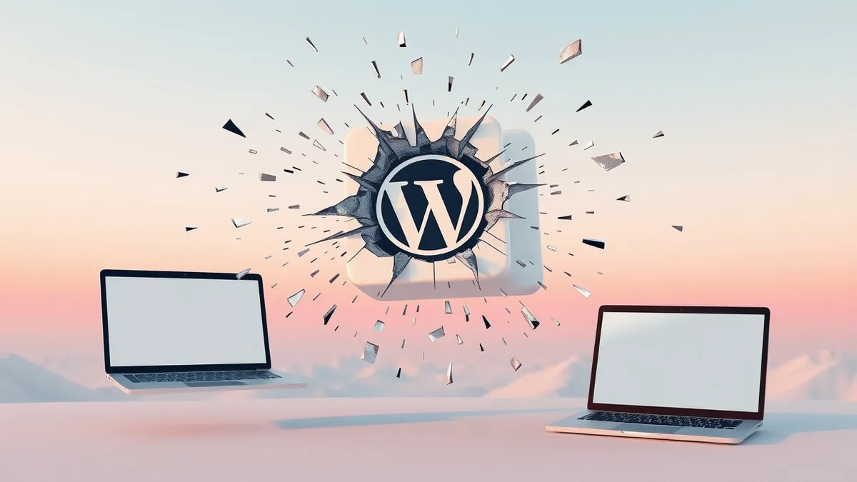 Illustration: A sleek WordPress plugin interface box floats in midair, its smooth surface cracking violently as sharp, jagged shards of corrupted code explode outward from the cent