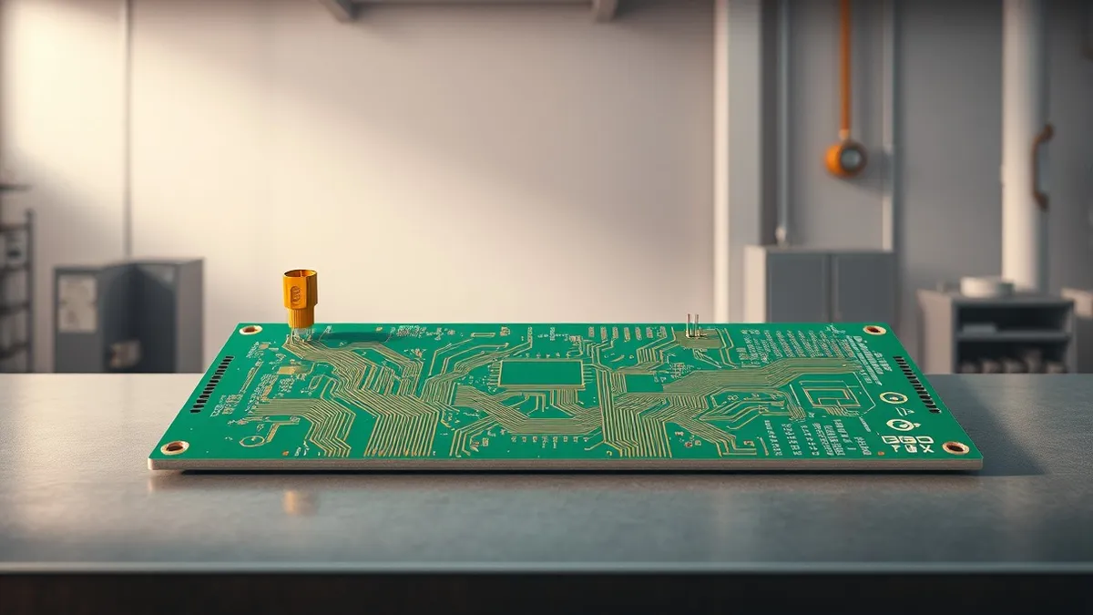 Illustration: A bare printed circuit board rests on a clean metal workbench under bright factory lighting.
