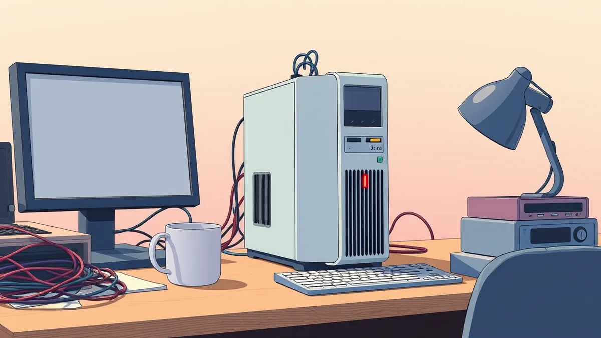 Illustration: A small, unmarked desktop computer sits on a cluttered wooden desk next to a half-empty coffee mug.