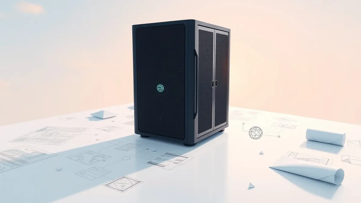 Illustration: A sleek black server chassis sits on a clean white table, surrounded by scattered blueprints and geometric shapes representing data flow.