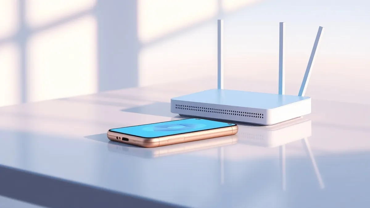 Illustration: A sleek, blank smartphone rests on a polished desk beside a modern wireless router.