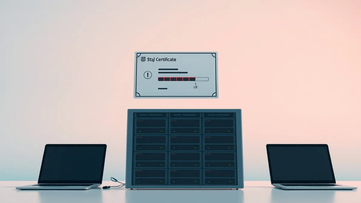 Illustration: A digital certificate icon with a short, shrinking validity bar floats above a server terminal.