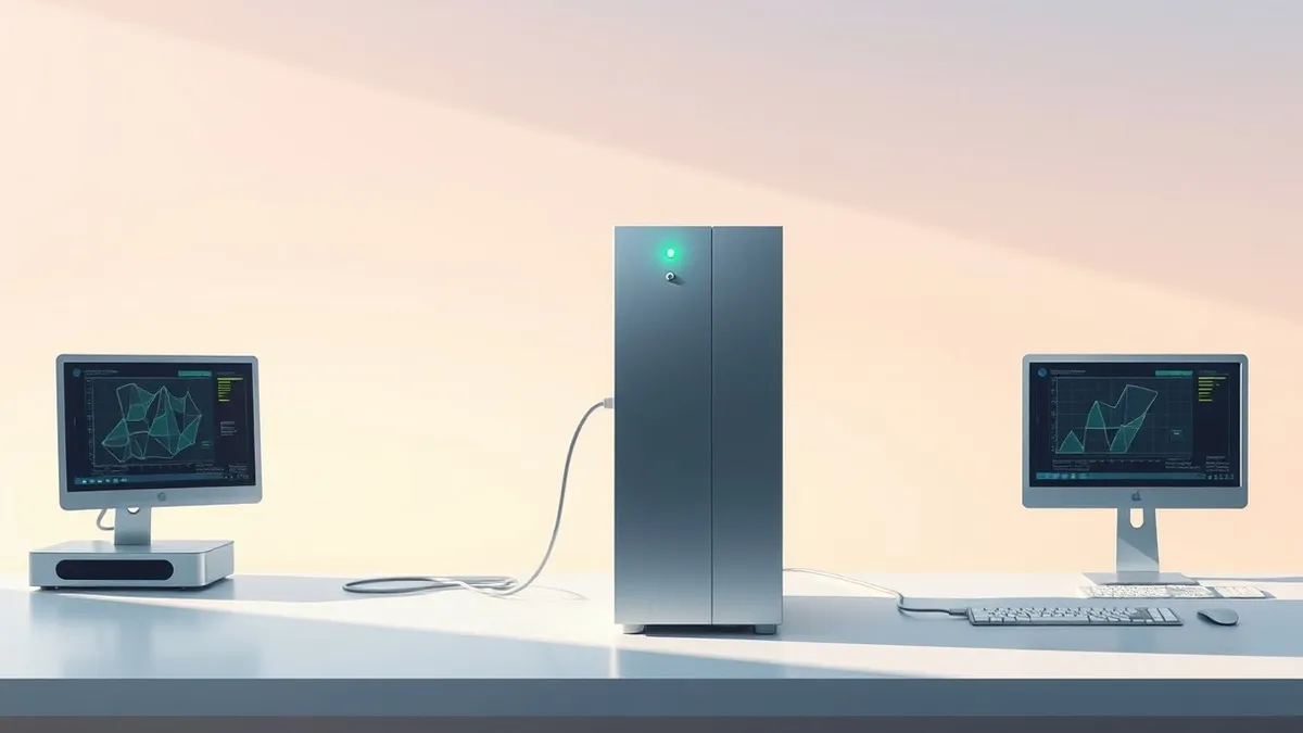 Illustration: A sleek silver server tower sits alone on a sterile lab table.