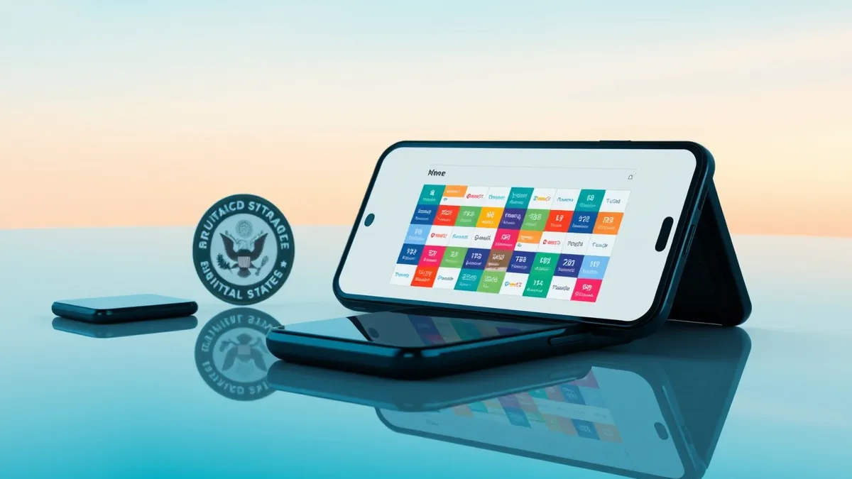 Illustration: A sleek black smartphone rests on a polished desk, its screen displaying a blank grid of colorful prediction market tiles.