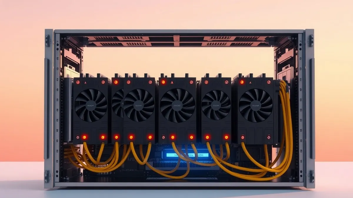 Illustration: A cluster of black GPU accelerator cards sits inside an open server chassis, connected by thick yellow cables.
