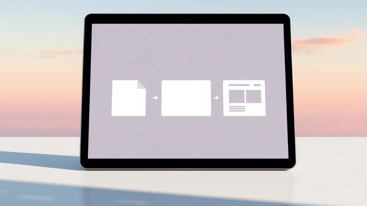 Illustration: A sleek tablet rests on a minimalist desk, its screen displaying a clean interface with three distinct blank panels.