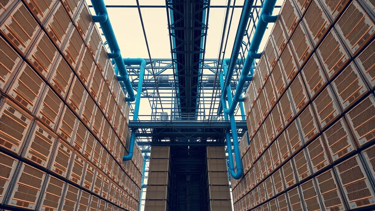 Illustration: A massive rack of uniform beige server blades stretches upward into a dark industrial ceiling.