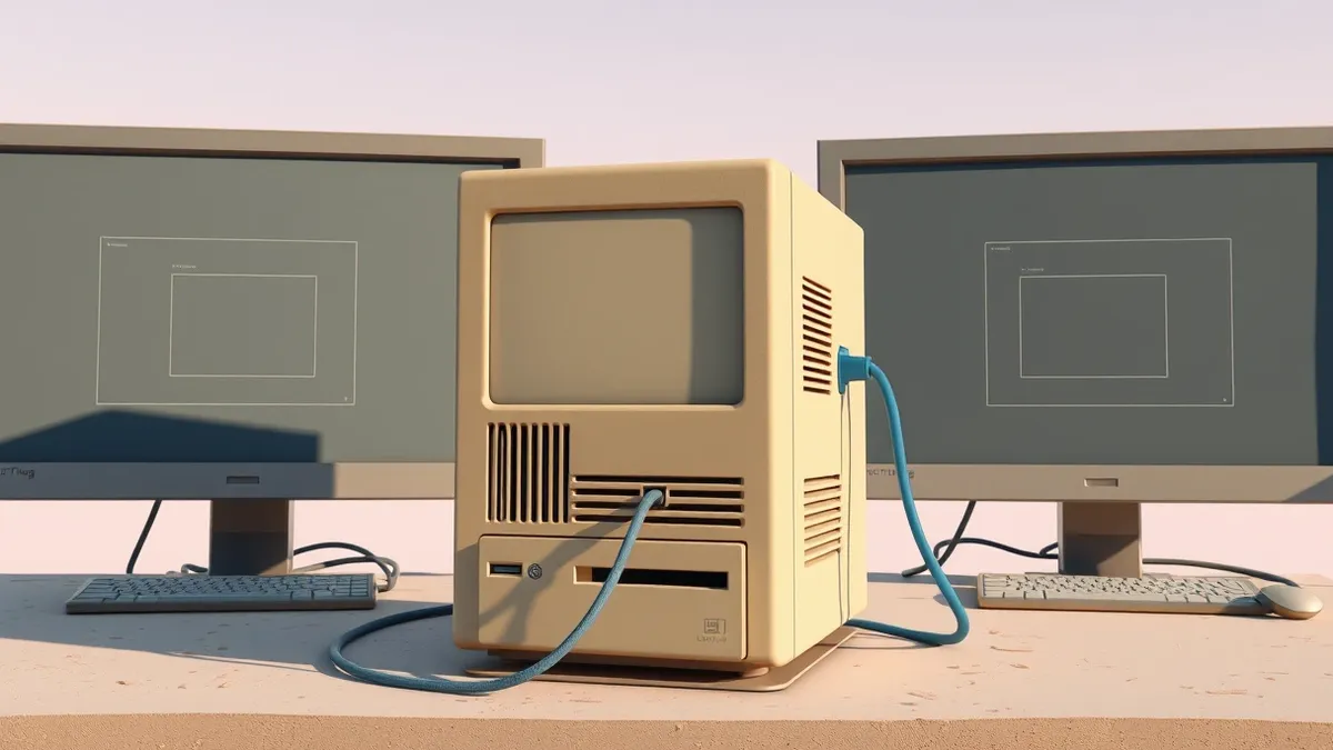 Illustration: A beige vintage desktop computer tower with a floppy drive sits on a dusty desk.