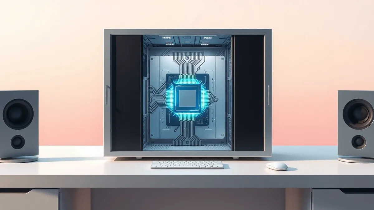 Illustration: A sleek silver server box sits open on a clean white desk, its internal circuitry exposed like intricate architecture.