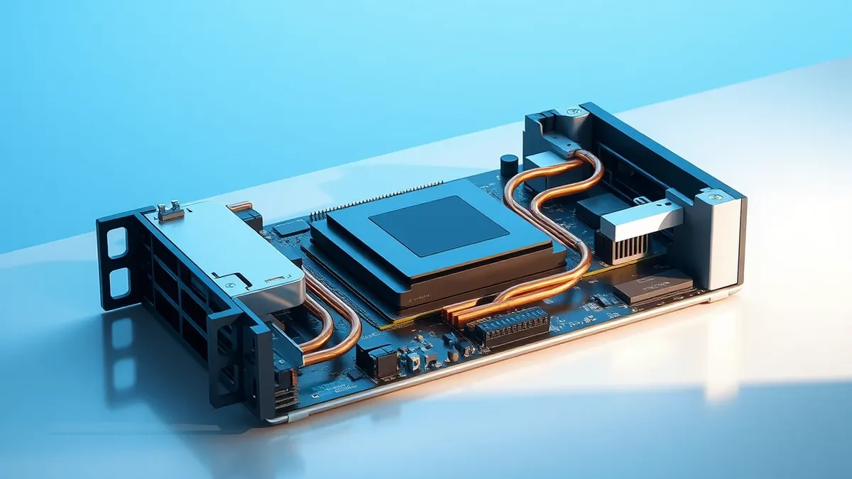 Illustration: A sleek silver server blade sits open on a clean white table, revealing a single large square processor chip mounted on the motherboard.
