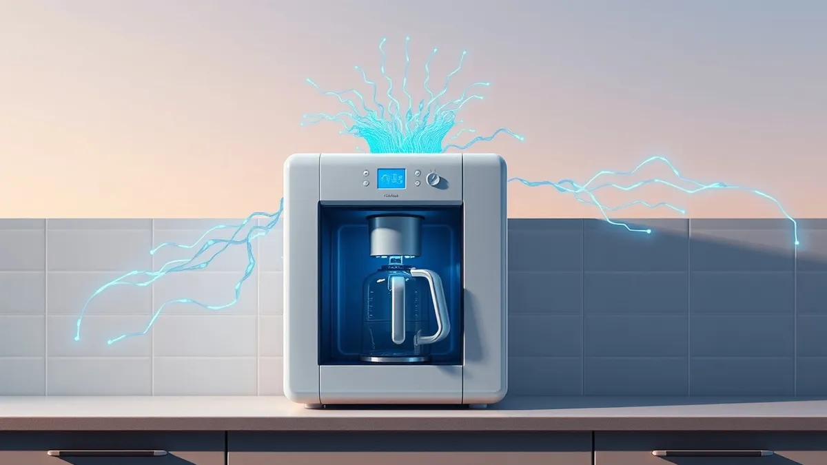 Illustration: A sleek white coffee machine sits on a kitchen counter with its door open, exposing internal circuitry.