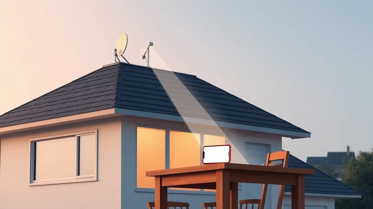 Illustration: A small, flat satellite dish sits quietly on a suburban roof, angling toward the sky.