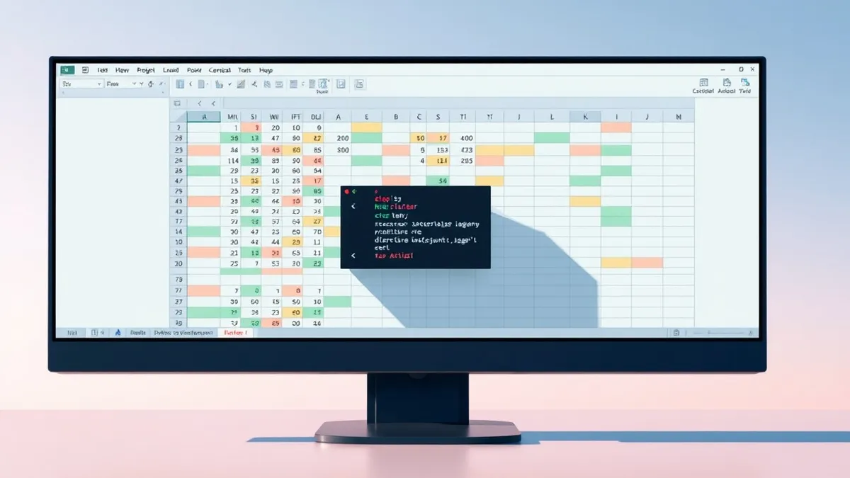 Illustration: A spreadsheet application window displays a complex grid of abstract colored cells on a monitor.