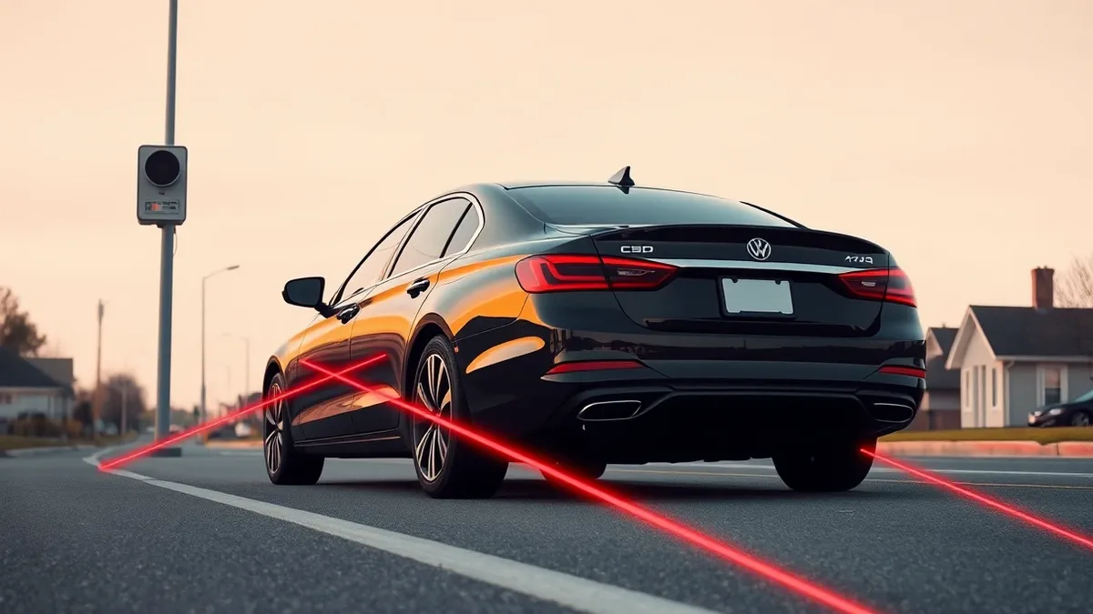Illustration: A sleek black sedan drives down a quiet suburban street.