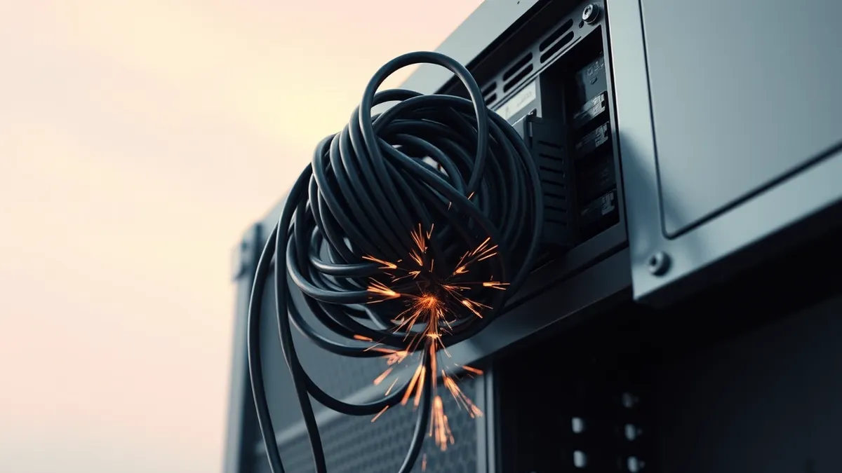 Illustration: A tangled knot of Ethernet cables snags on the metal edge of a server chassis, with sharp wire ends piercing through the plastic insulation.
