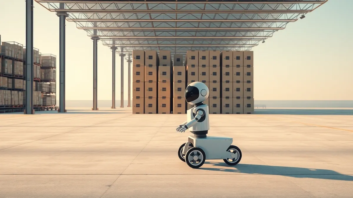 Illustration: A single sleek delivery robot navigates a vast warehouse floor, its sensors scanning empty aisles marked by subtle geometric patterns on the concrete.