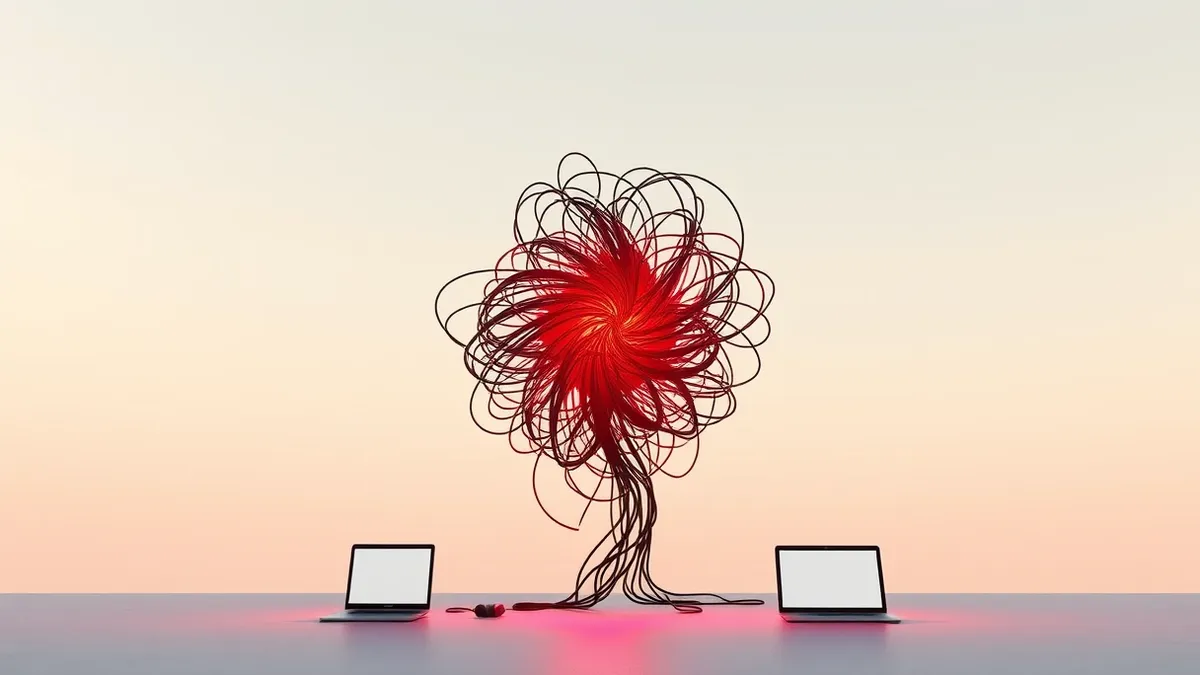 Illustration: A sleek black neural network node pulses with erratic red light, its tangled digital threads looping back into themselves in a tightening spiral.