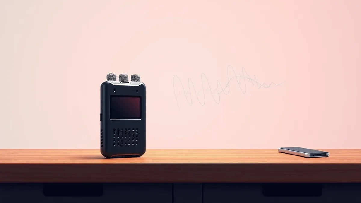 Illustration: A sleek black digital voice recorder sits on a wooden desk, its small blank screen glowing softly.