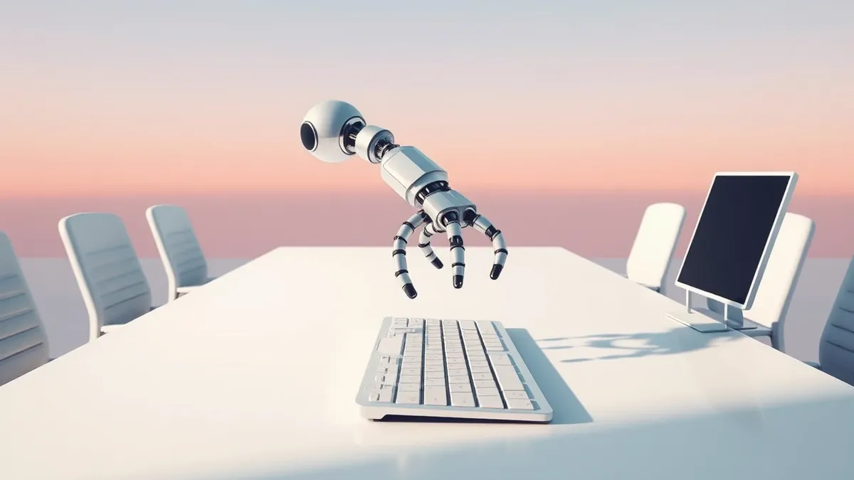 Illustration: A sleek, silver autonomous robot arm reaches out from a sterile white lab table, its mechanical fingers hovering just inches above a standard physical keyboard.