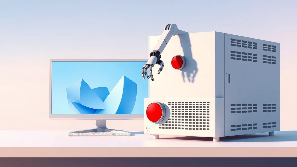 Illustration: A sleek white server unit sits on a clean desk, its front panel featuring a single prominent red button.