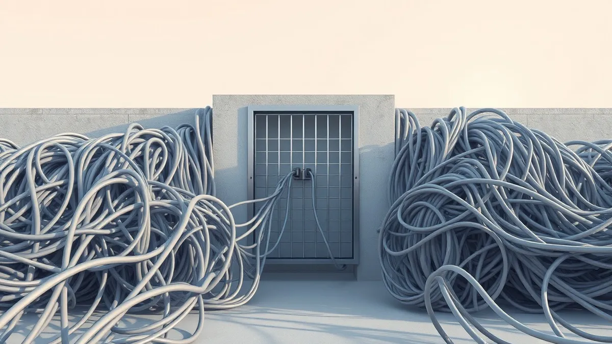 Illustration: A maze of tangled grey cables connects to a central hub, with most strands slipping through gaps in a sturdy metal grate.
