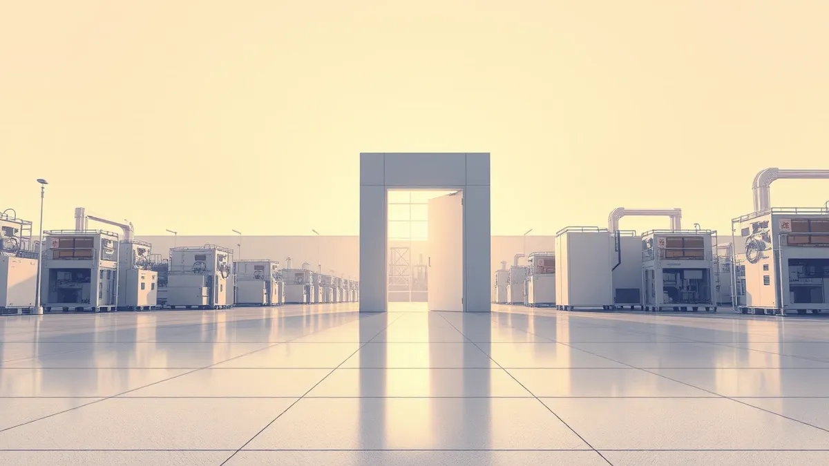 Illustration: A vast, gleaming semiconductor fabrication plant stretches into the distance under a clear sky.
